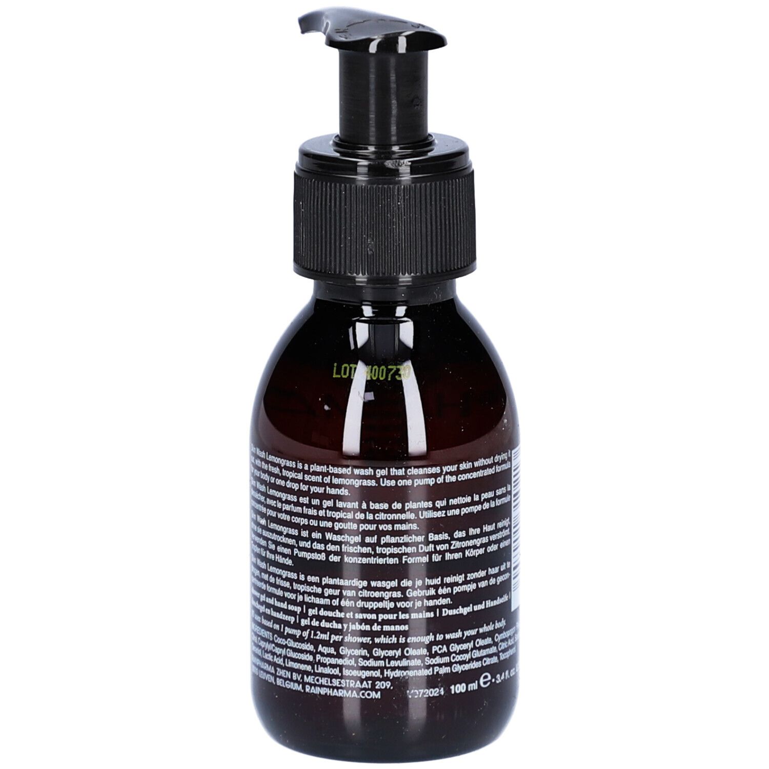 Bruine fles met zwarte pomp. Tekst in meerdere talen. Opschrift: Skin Wash Lemongrass.