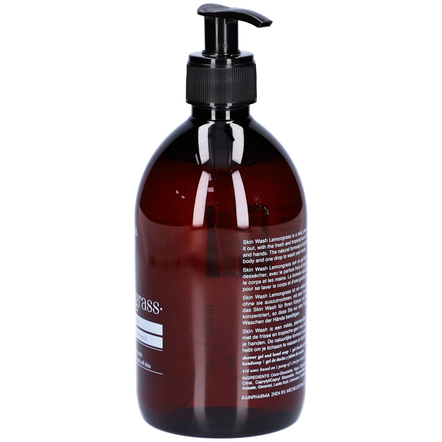 Bruine fles met zwarte pomp. Opschrift: Skin Wash Lemongrass. Tekst in het Engels, Frans, Duits en Nederlands.