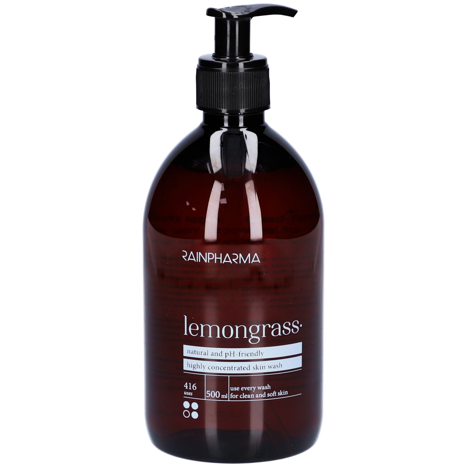 Bruine fles met zwarte pomp. Opschrift: Rainpharma, Lemongrass, natural and pH friendly, highly concentrated skin wash.
