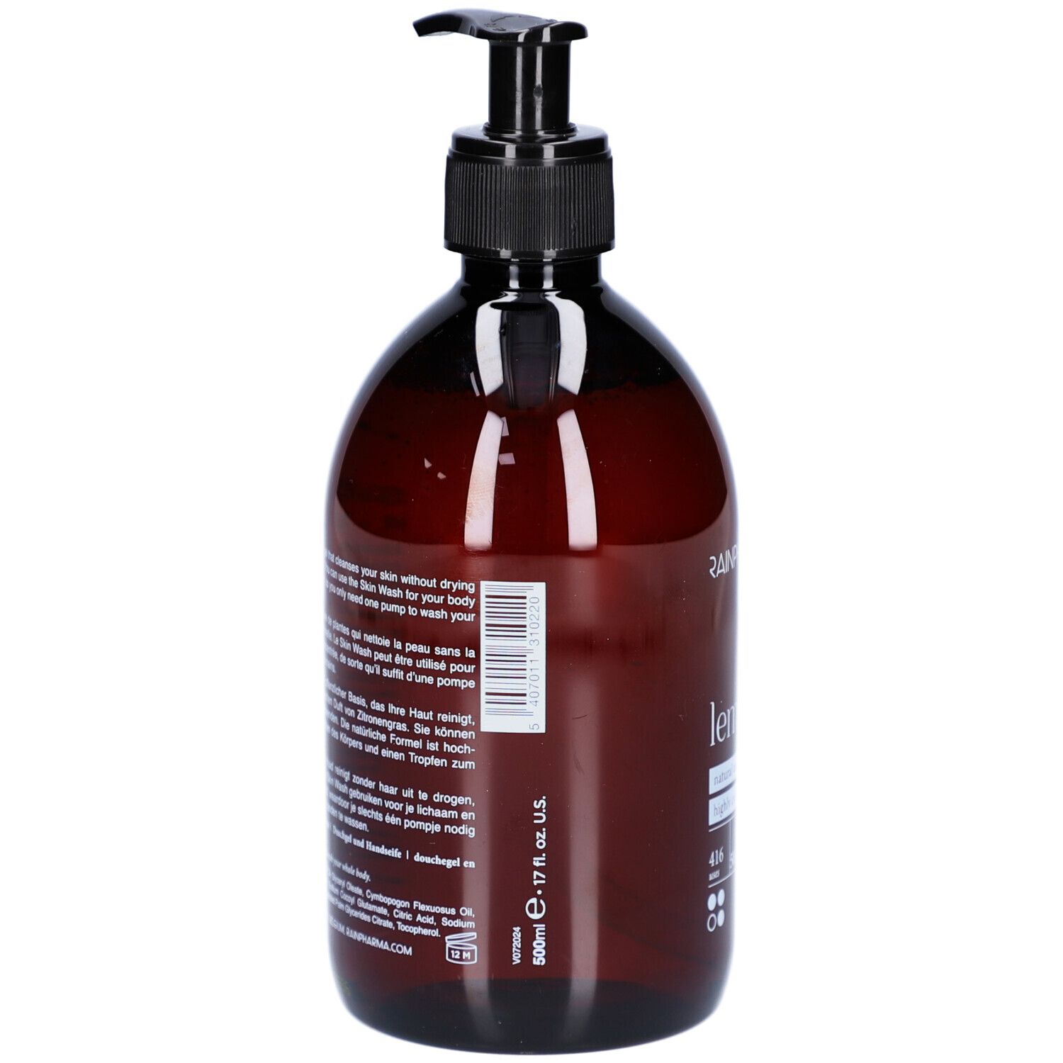 Bruine fles met zwarte pomp. Opschrift: Lemongrass. Tekst in het Engels, Frans, Duits en Nederlands. 17 fl. oz. U.S.