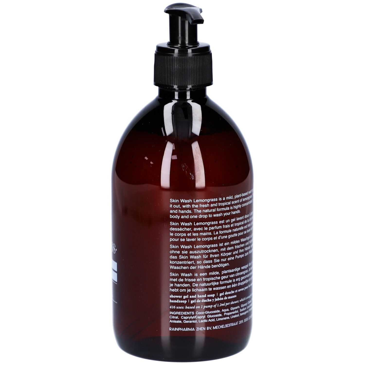 Bruine fles met zwarte pomp. Opschrift: Skin Wash Lemongrass. Tekst in het Engels, Frans, Duits en Nederlands.