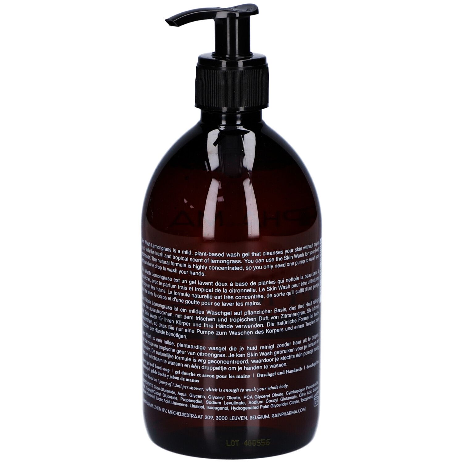 Bruine fles met zwarte pomp. Opschrift: Skin Wash Lemongrass. Tekst in het Engels, Frans, Duits en Nederlands.