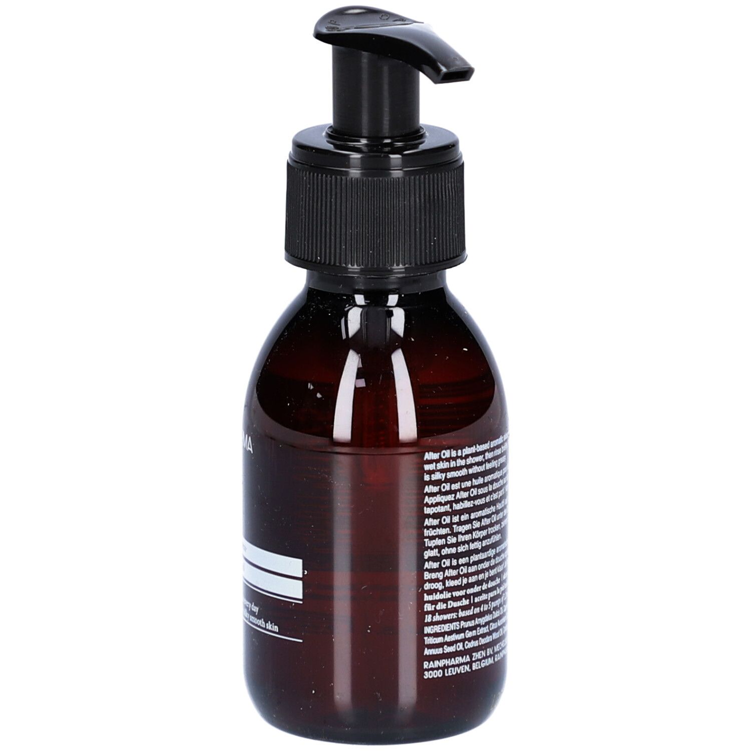 Bruine fles met zwarte pomp. Etiket met tekst. Product voor de huid.
