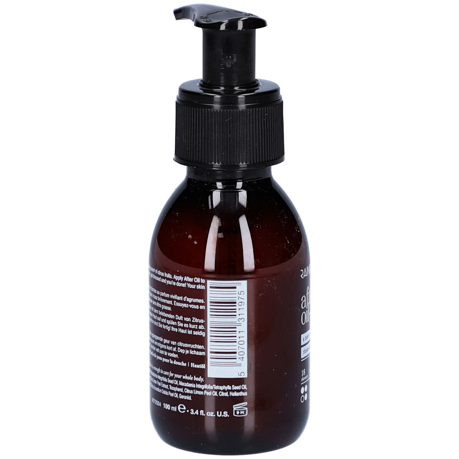 Bruine fles met zwarte pomp. Etiket met tekst en barcode.