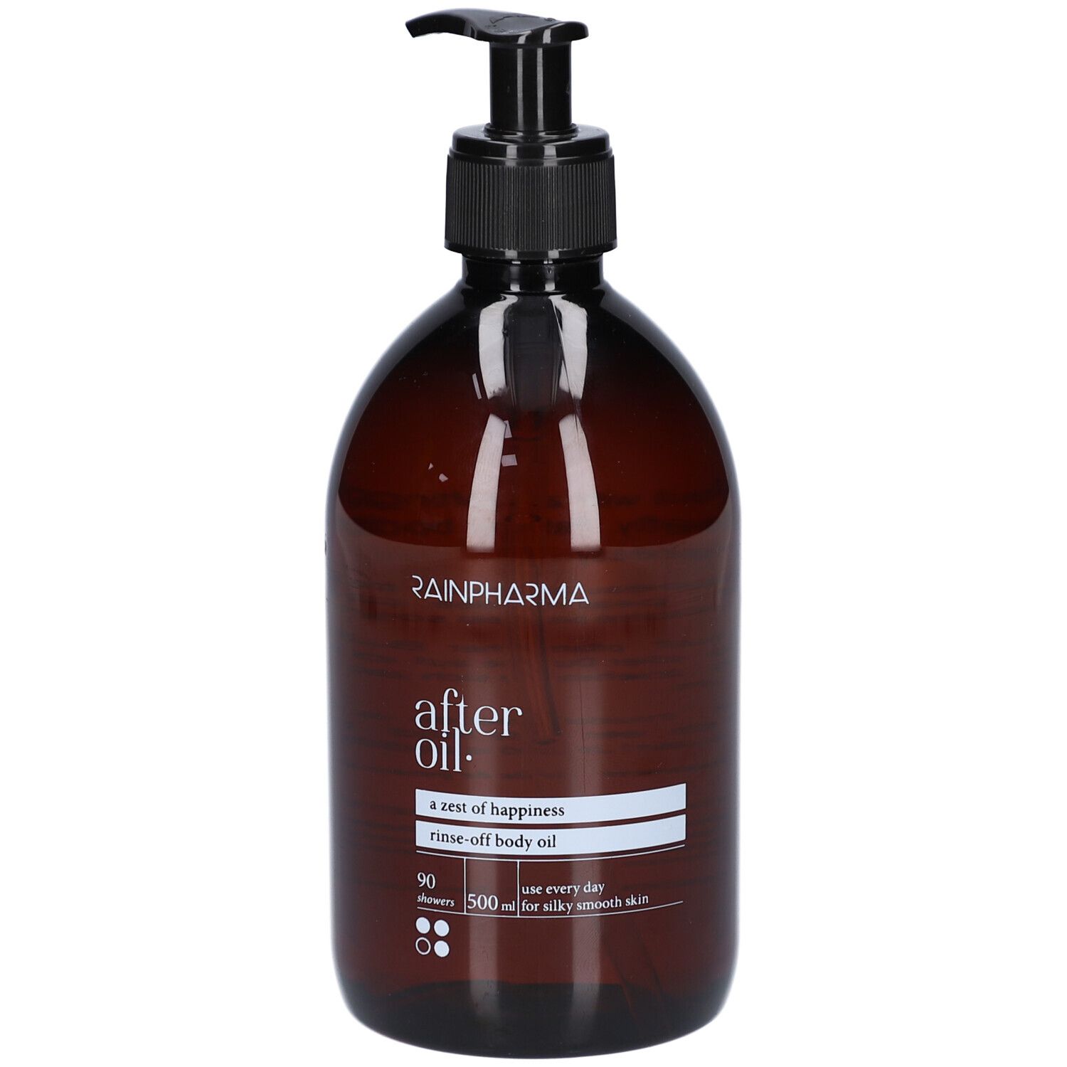 Flacon brun avec pompe noire. Inscription: RainPharma, after oil, rinse-off body oil. 500 ml.