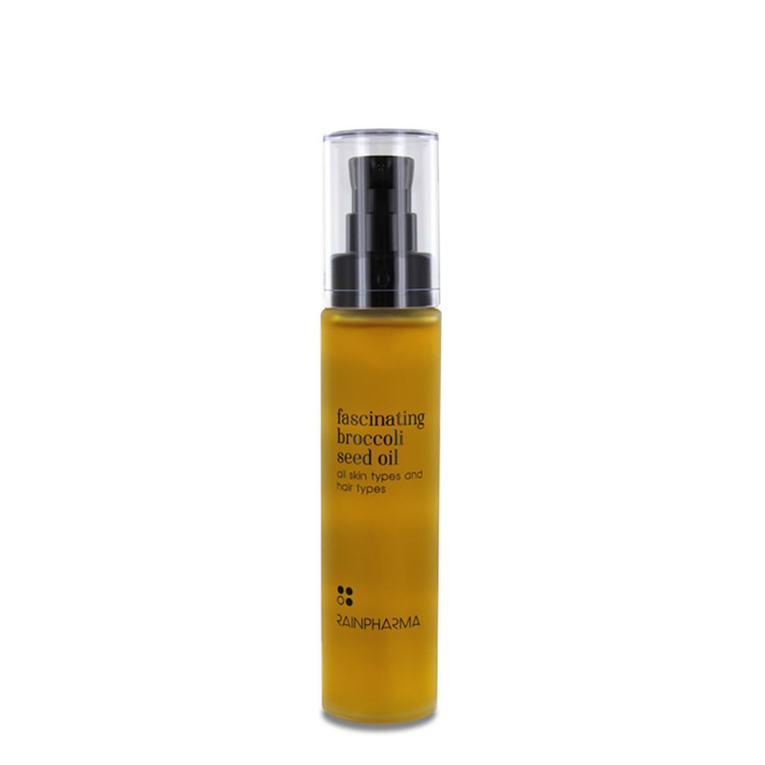 Gele fles met zwarte pomp. Opschrift: fascinating broccoli seed oil. Merk: Rainpharma.