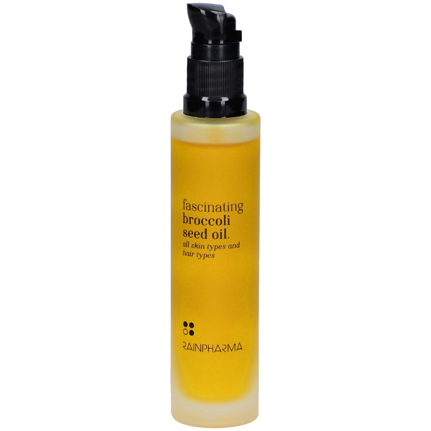 Gele fles met zwarte pomp. Opschrift: fascinating broccoli seed oil. Merk: Rainpharma.