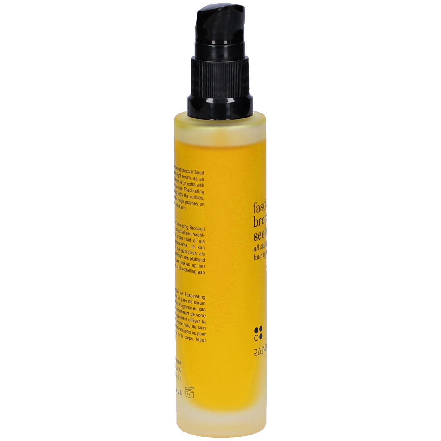 Gele fles met zwarte pomp. Tekst op de fles. Merk: Rainpharma.
