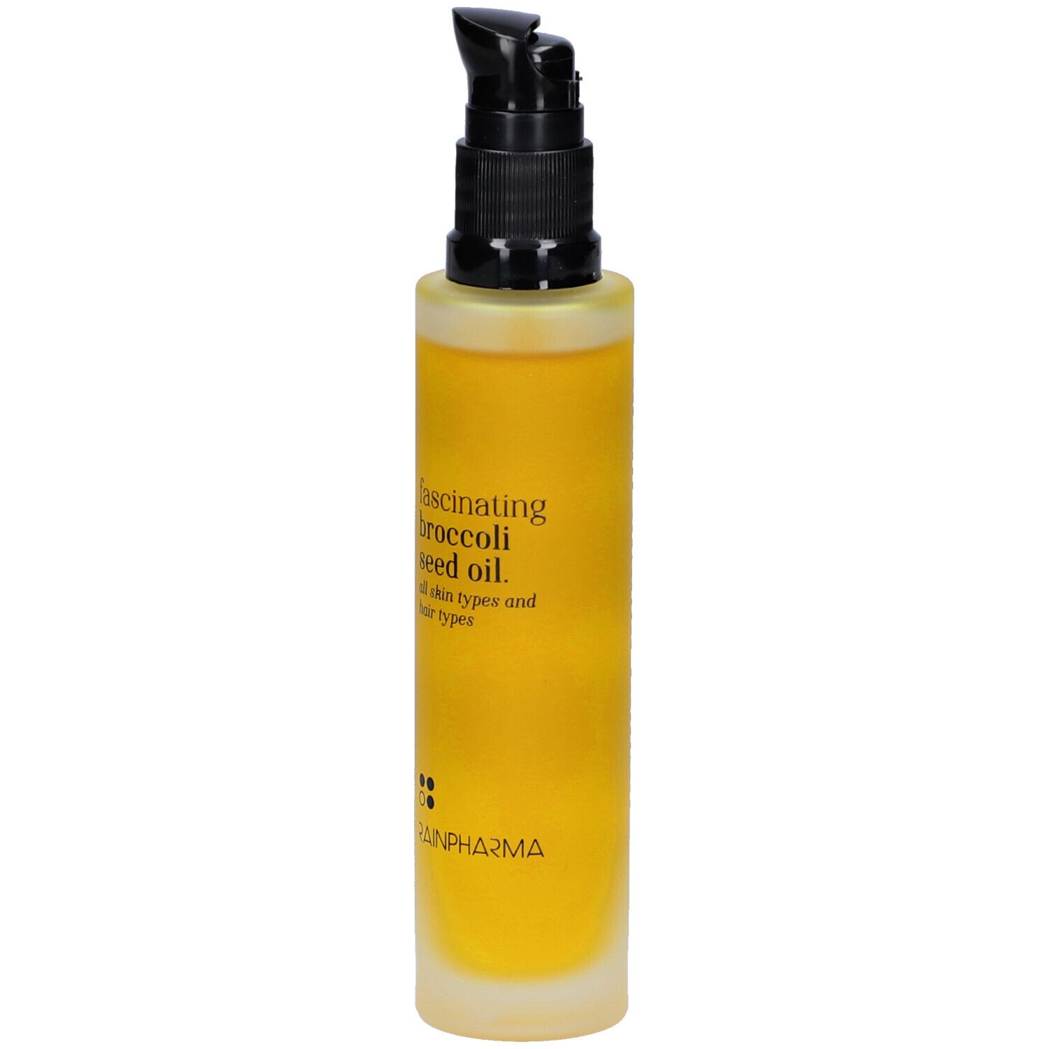 Gele fles met zwarte pomp. Opschrift: fascinating broccoli seed oil. Merk: Rainpharma.