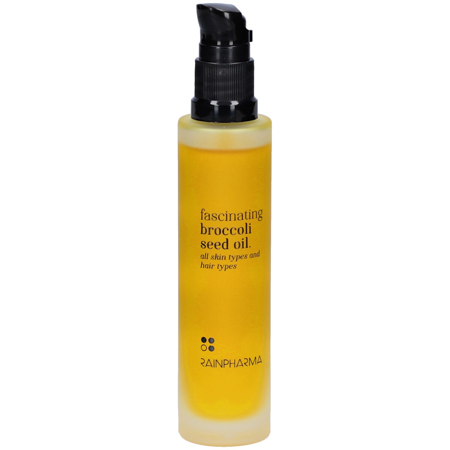 Gele fles met zwarte pomp. Opschrift: fascinating broccoli seed oil. Merk: Rainpharma.