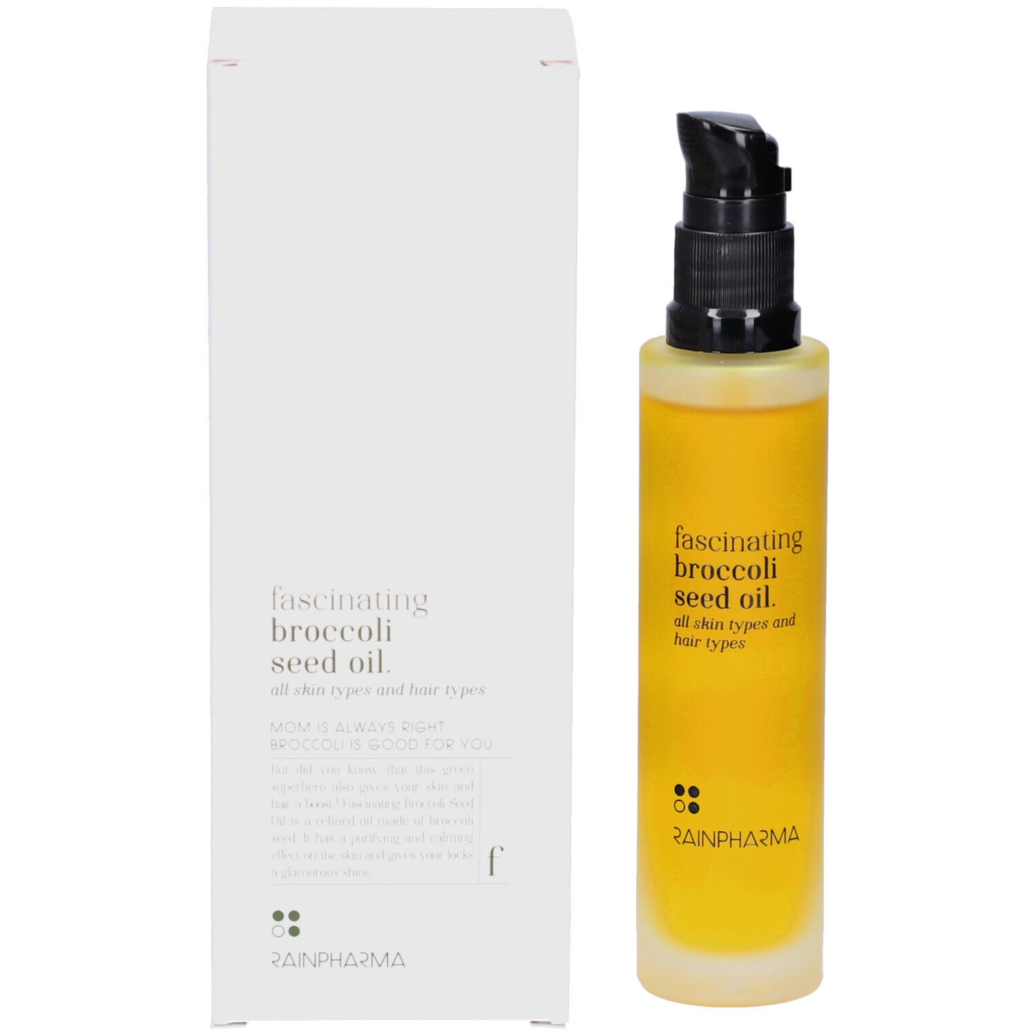 Fles en verpakking. Opschrift: fascinating broccoli seed oil. Merk: Rainpharma. Tekst op de verpakking.