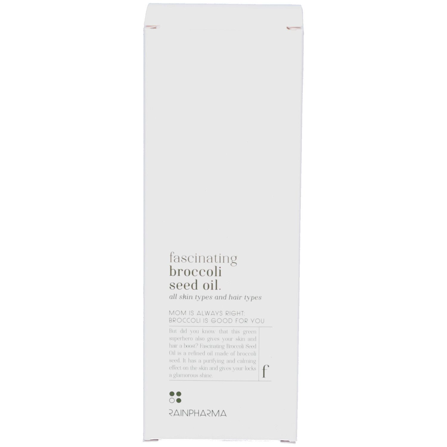Verpakking. Opschrift: fascinating broccoli seed oil. Merk: Rainpharma. Tekst op de verpakking.