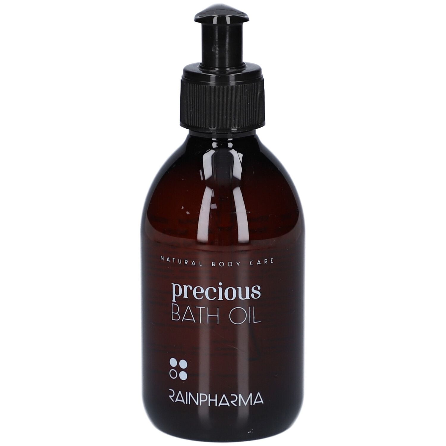 Flacon brun avec pompe noire. Inscription: precious BATH OIL, RainPharma. Soin corporel naturel.