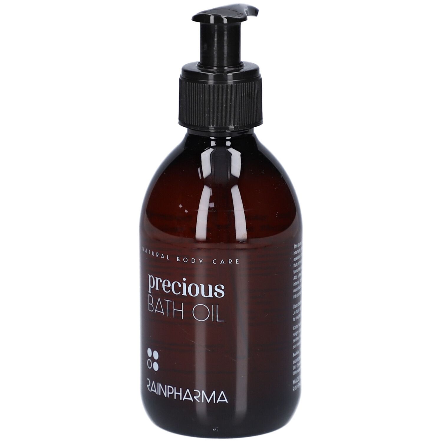 Flacon brun avec pompe noire. Inscription: precious BATH OIL, RainPharma. Soin corporel naturel.