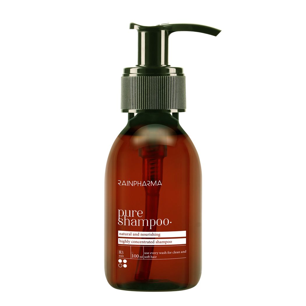 Bruine fles met zwarte pomp. Opschrift 'pure shampoo'.