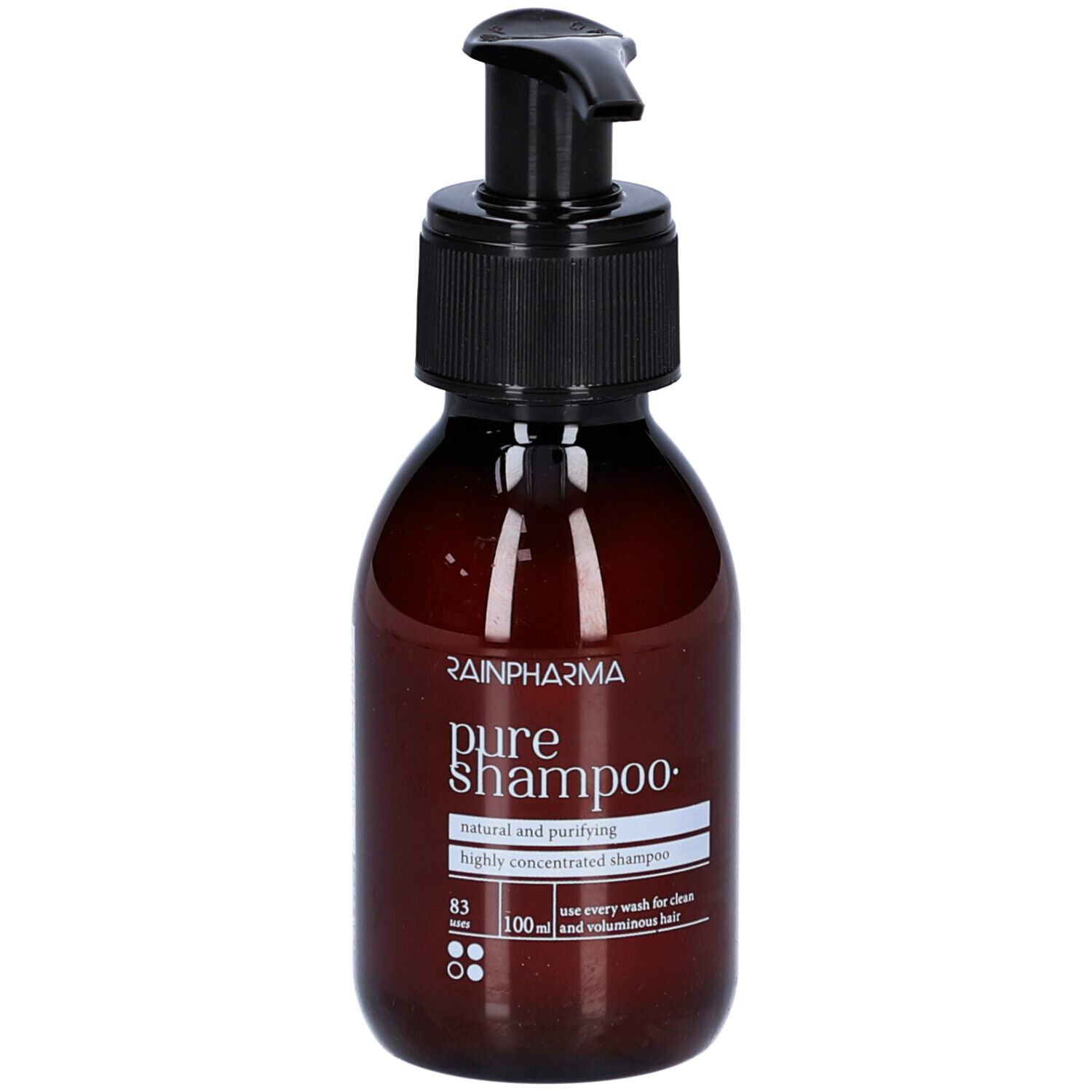 Bruine fles met zwarte pomp. Opschrift 'pure shampoo'.