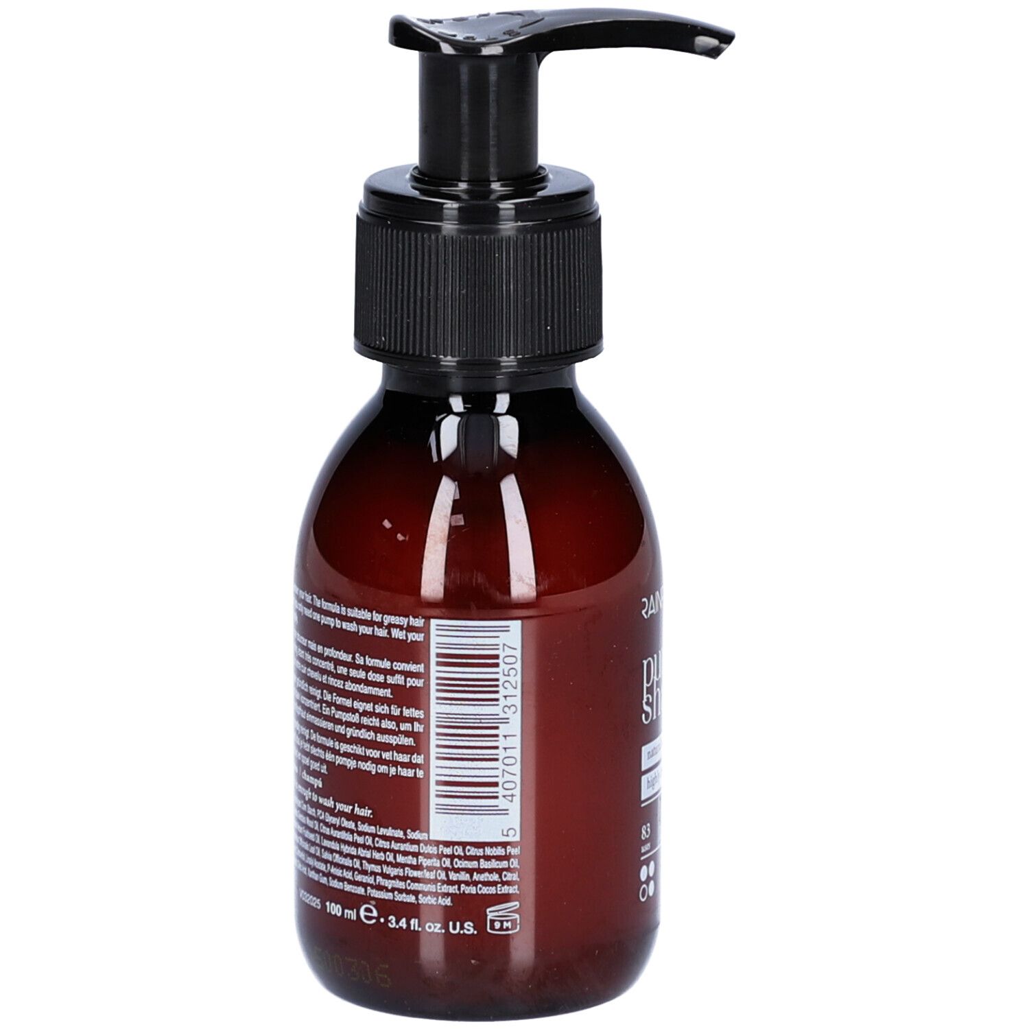 Bruine fles met zwarte pomp. Tekst en barcode op het etiket.