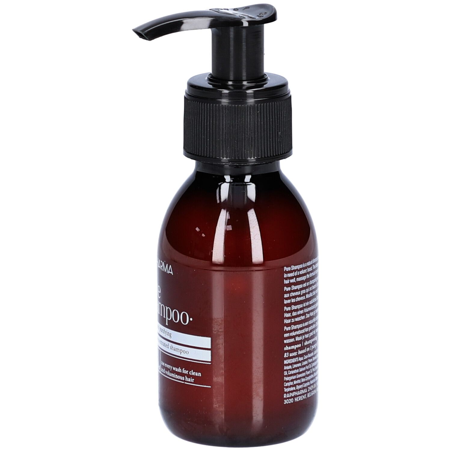 Bruine fles met zwarte pomp. Opschrift op het etiket.