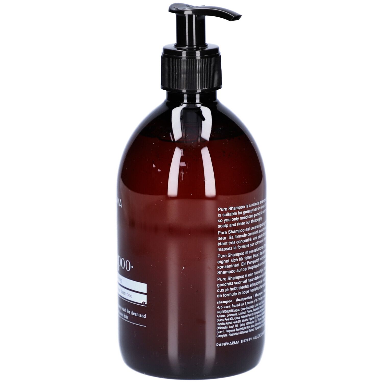 Bruine fles met zwarte pomp. Opschrift: Pure Shampoo. Tekst in meerdere talen.