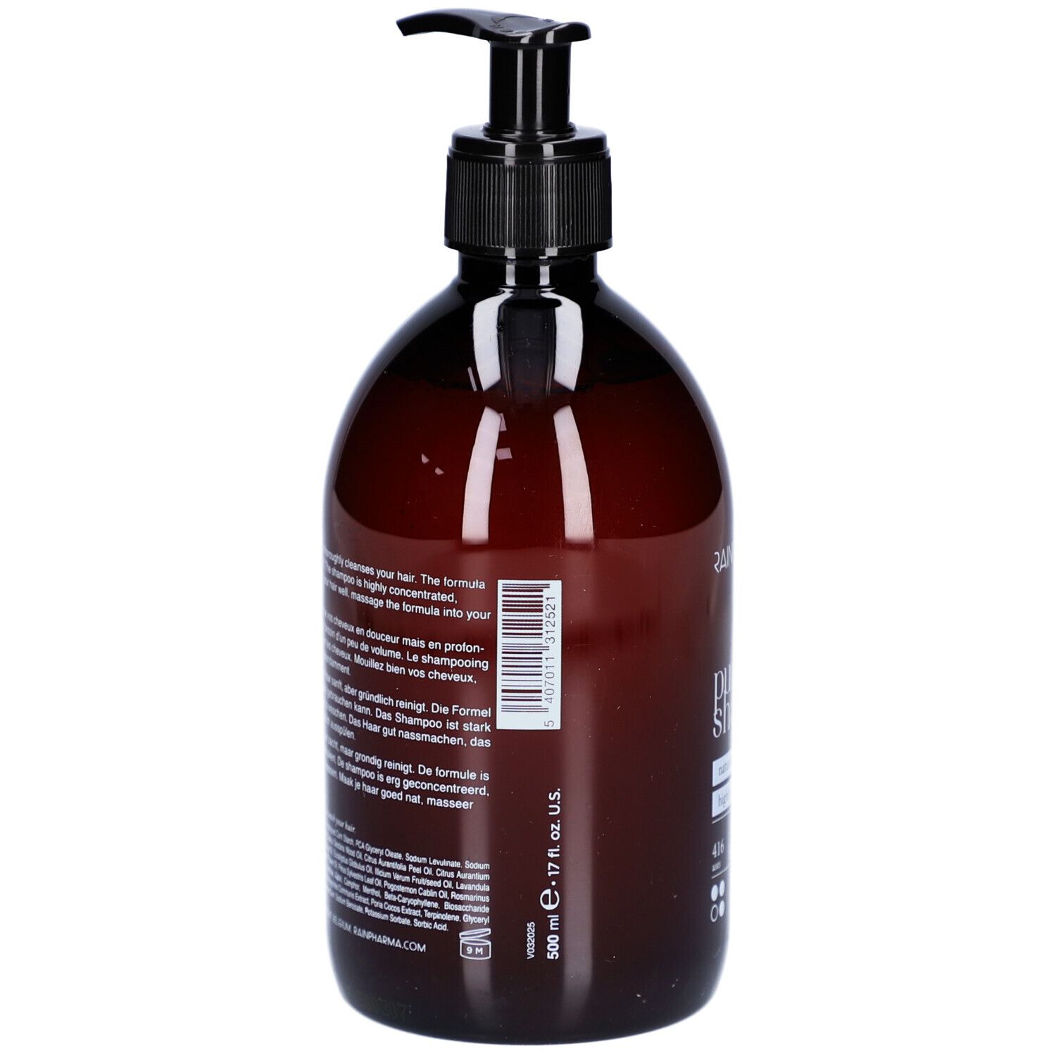 Bruine fles met zwarte pomp. Opschrift: Pure Shampoo, 500 ml, 17 fl. oz. U.S.