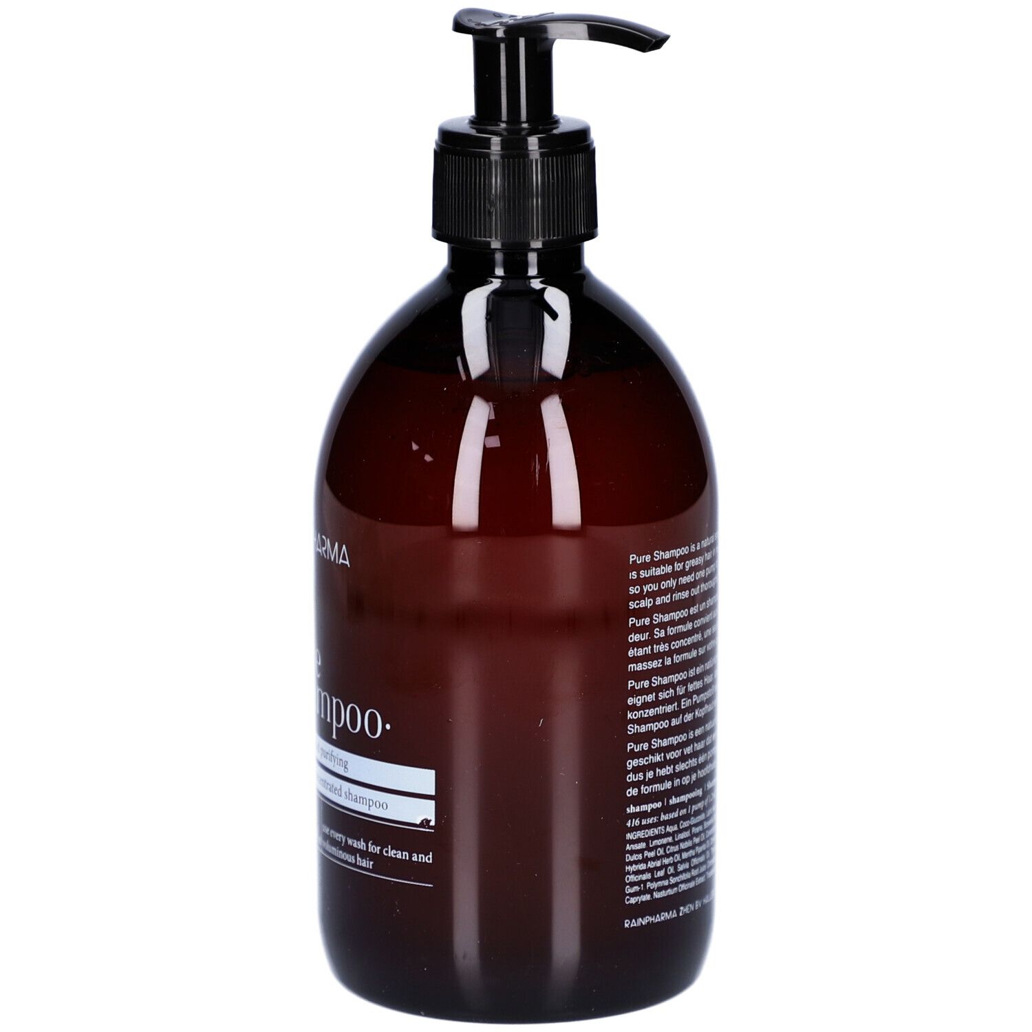 Bruine fles met zwarte pomp. Opschrift: Rainpharma, Pure Shampoo. Meertalige tekst.