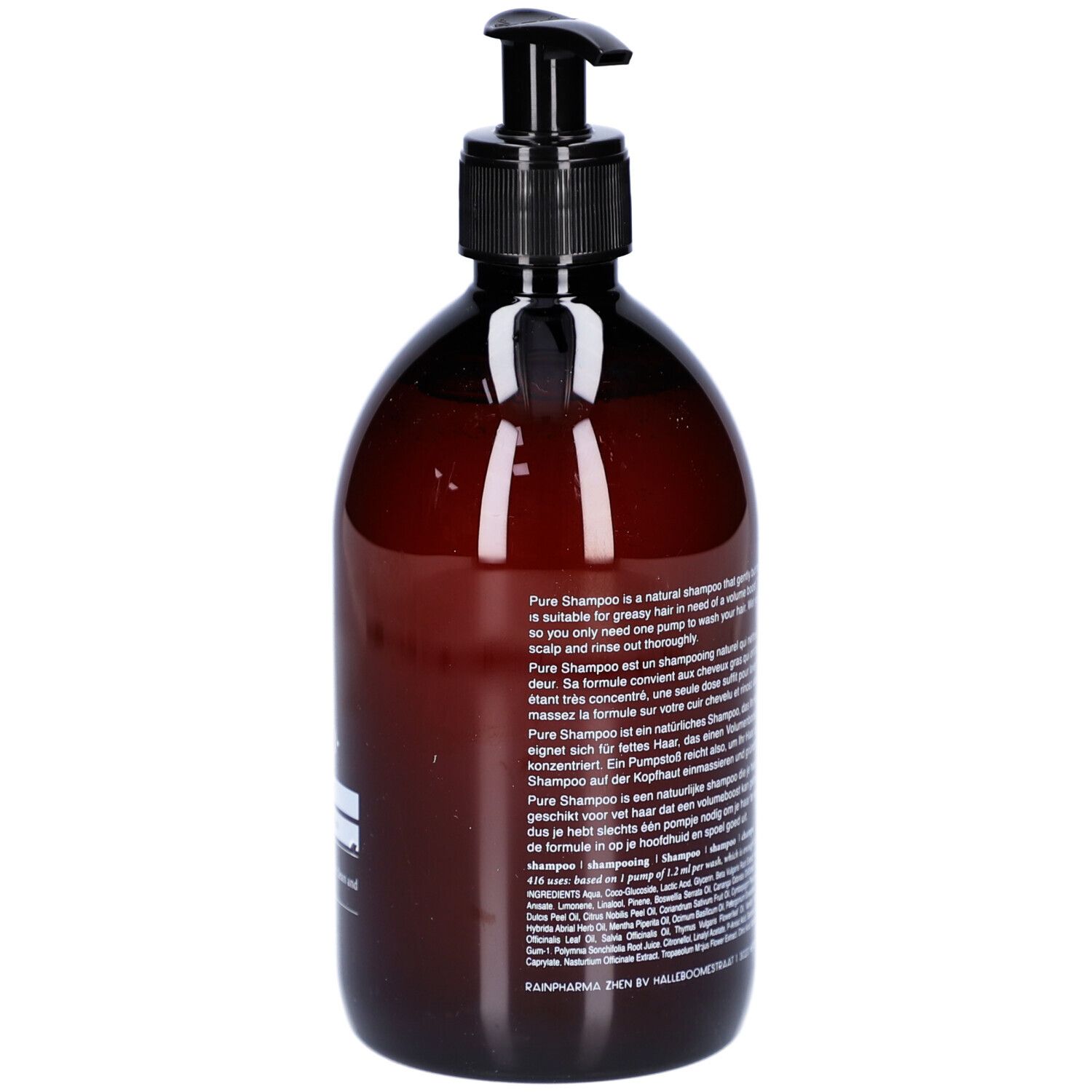 Bruine fles met zwarte pomp. Opschrift: Pure Shampoo. Meertalige tekst.