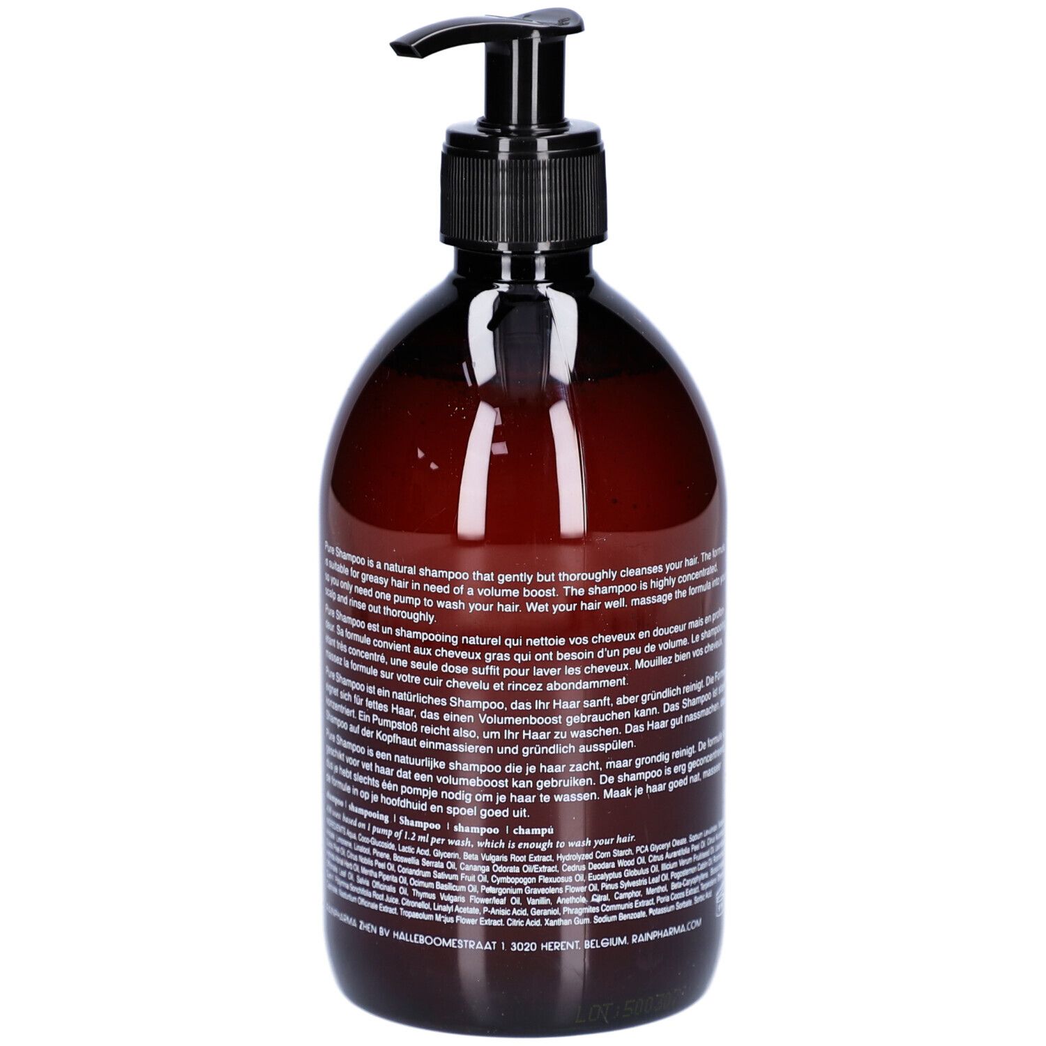 Bruine fles met zwarte pomp. Opschrift: Pure Shampoo. Meertalige tekst.