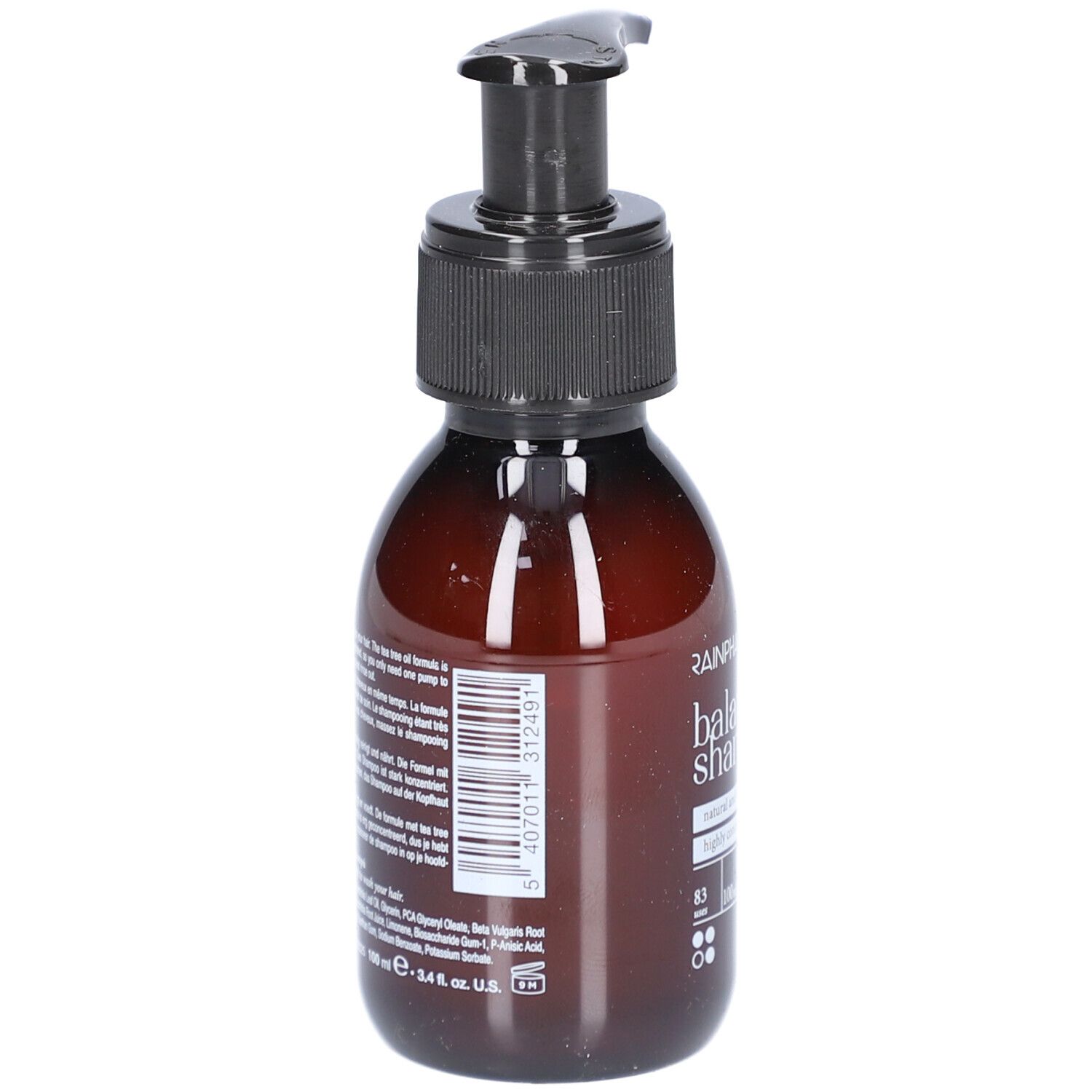 Bruine fles met zwarte pomp. Achterkant met tekst en barcode. Productnaam: Rainpharma balancing shampoo.
