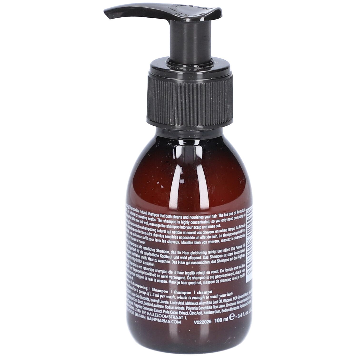 Bruine fles met zwarte pomp. Achterkant met tekst. Productnaam: Rainpharma balancing shampoo.
