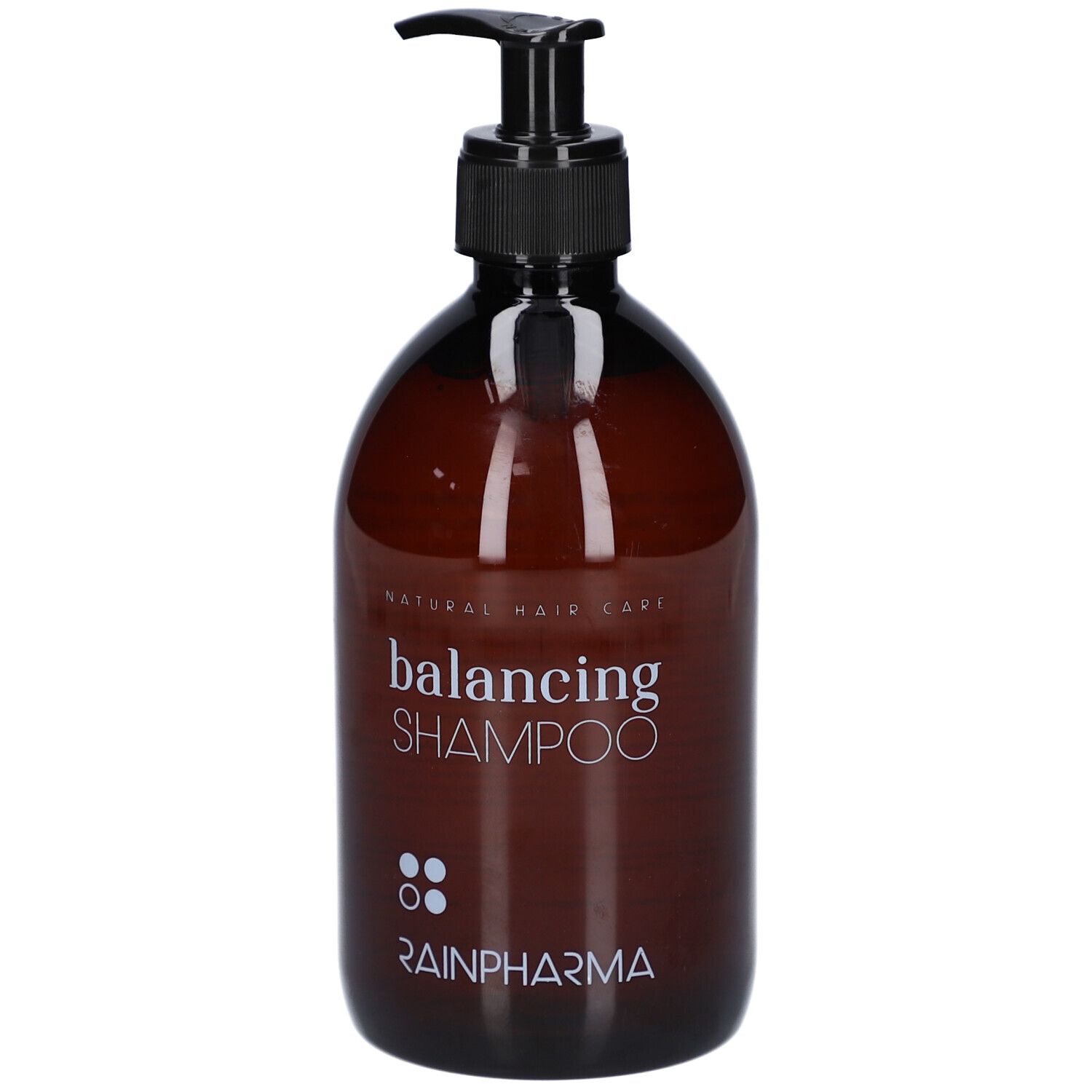 Bruine fles met zwarte pomp. Opschrift: balancing SHAMPOO, RainPharma. Natuurlijke haarverzorging.