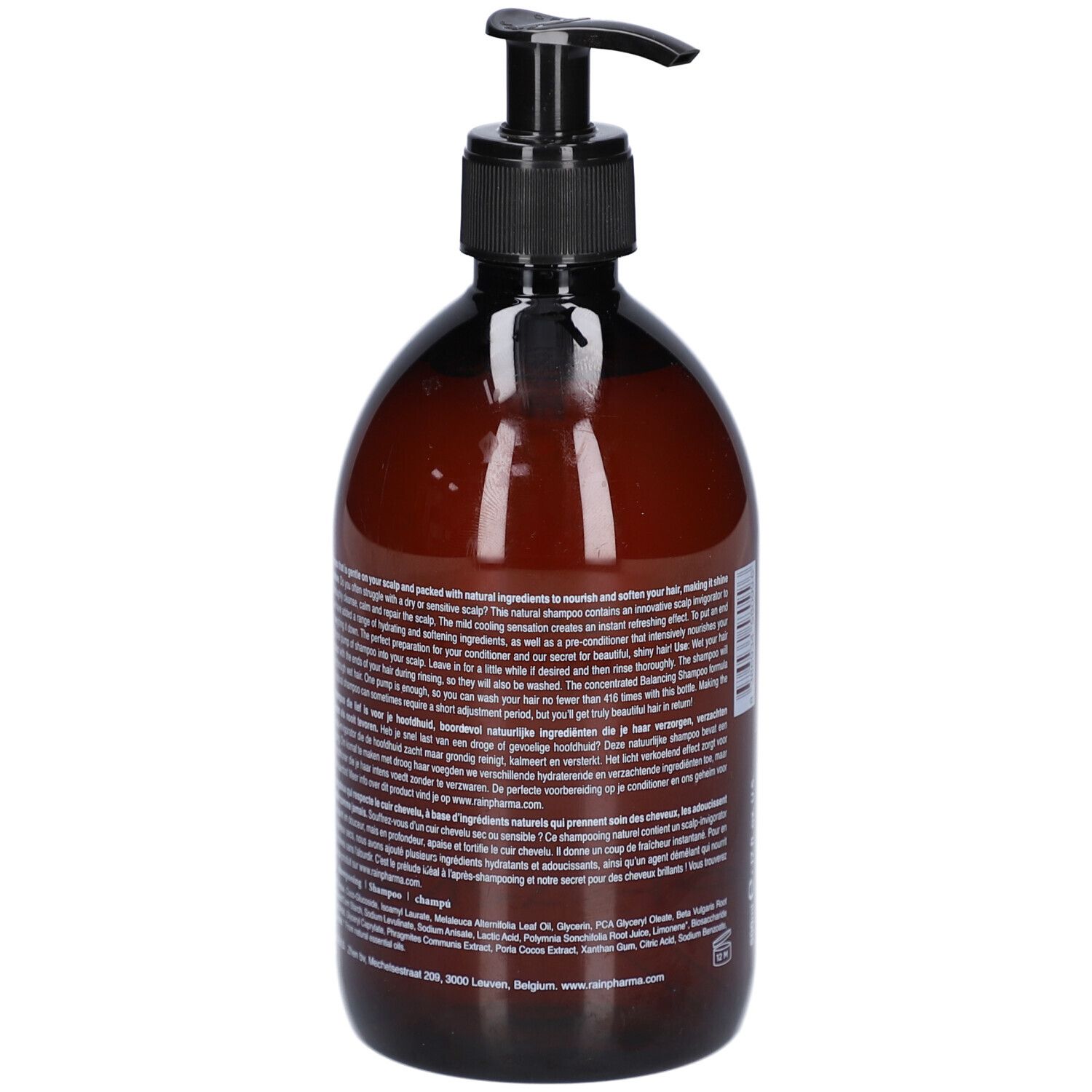 Bruine fles met zwarte pomp. Achterkant met tekst. Productinformatie en ingrediënten.