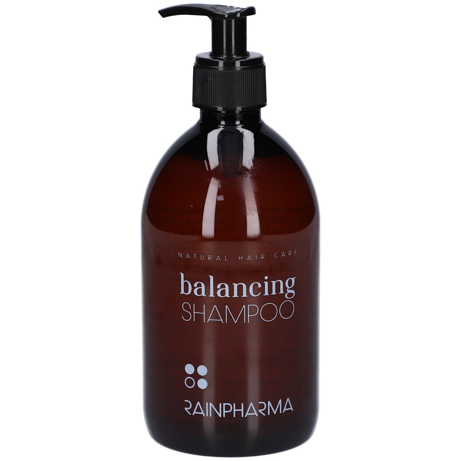 Bruine fles met zwarte pomp. Opschrift: balancing SHAMPOO, RainPharma. Natuurlijke haarverzorging.