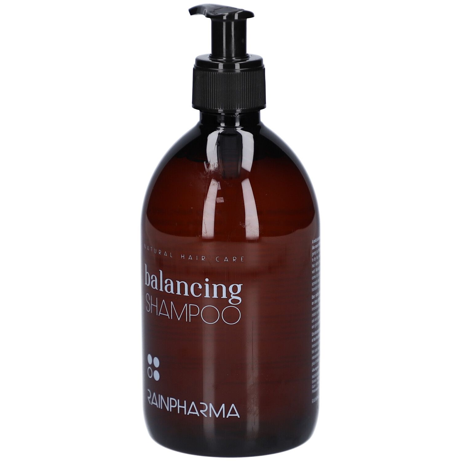 Bruine fles met zwarte pomp. Opschrift: balancing SHAMPOO, RainPharma. Natuurlijke haarverzorging.