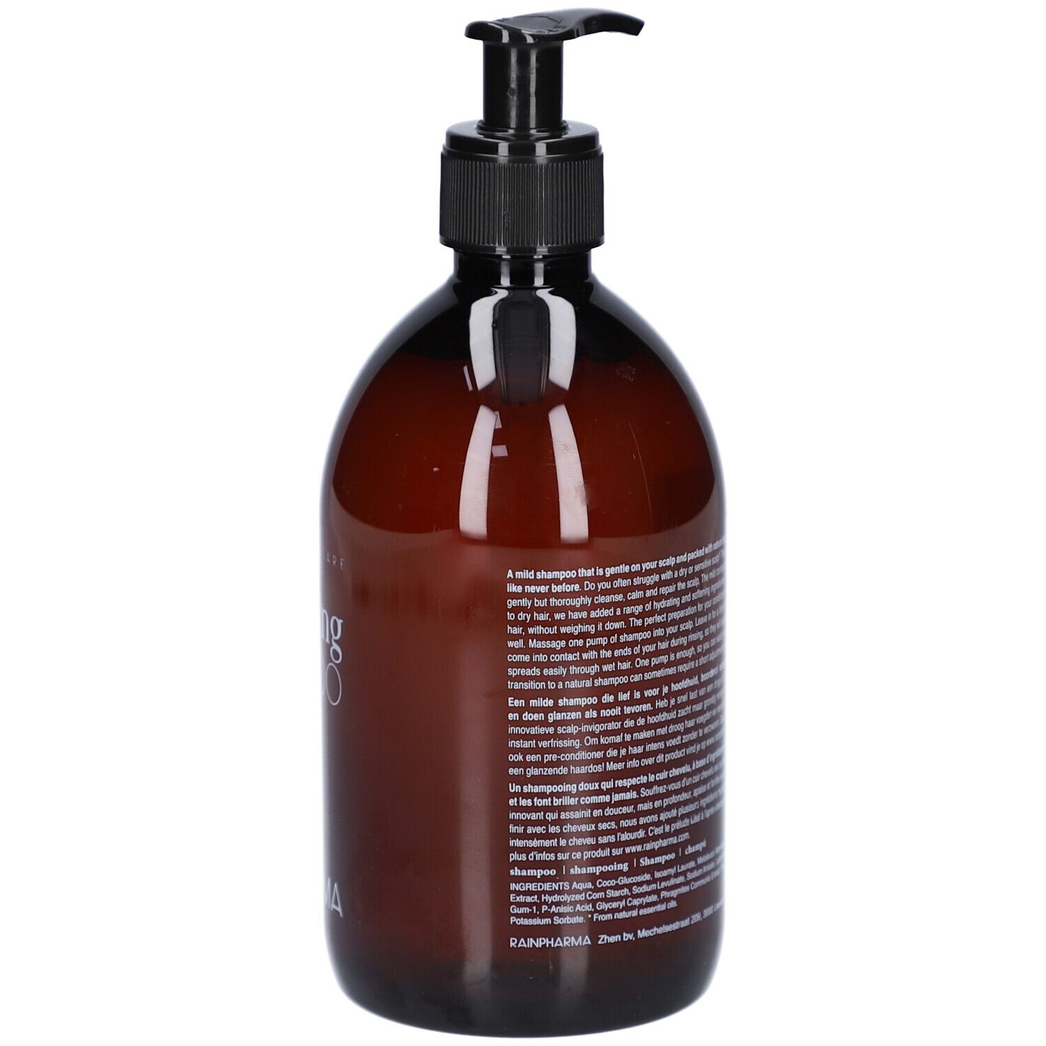 Bruine fles met zwarte pomp. Tekst op de achterkant. Productinformatie en ingrediënten.