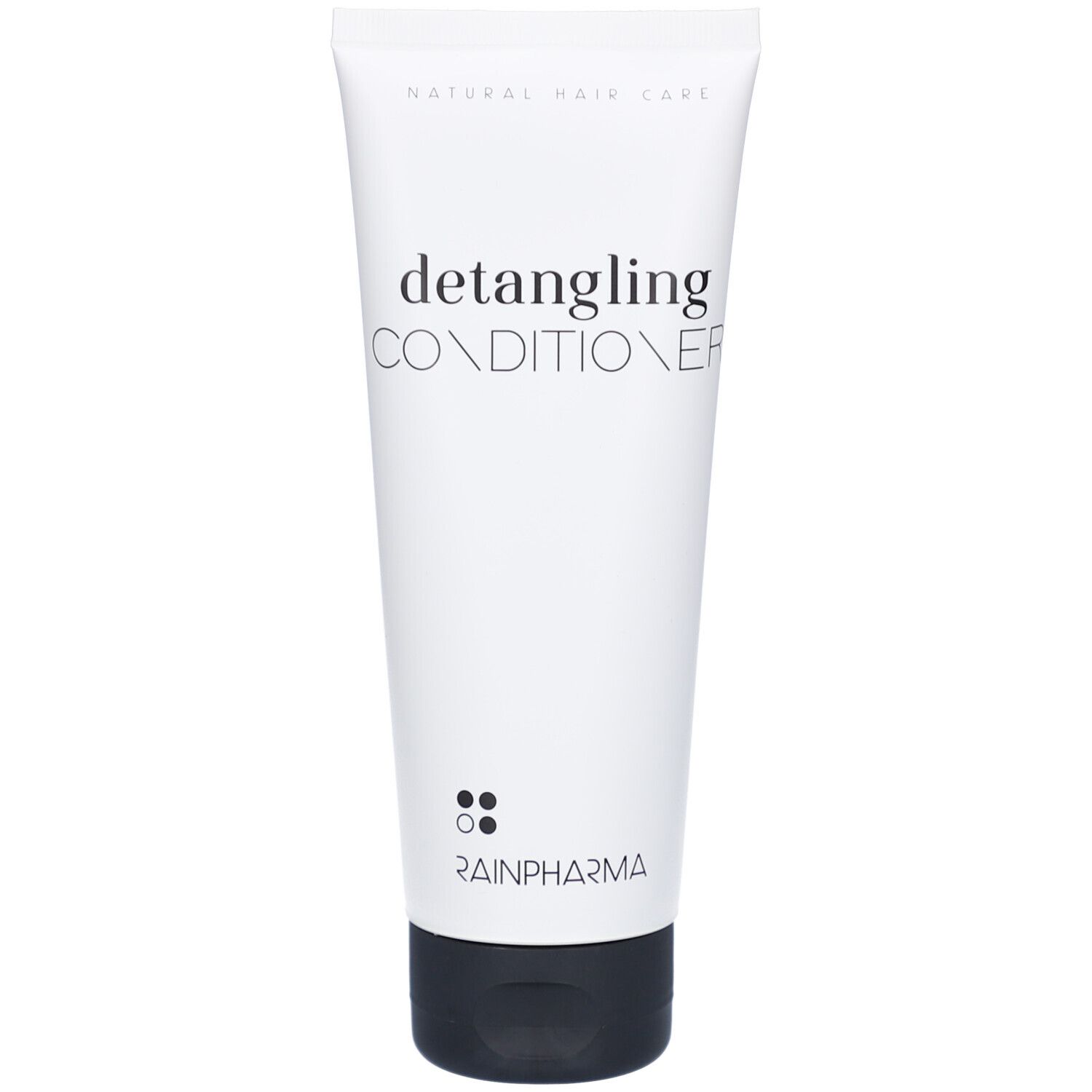Witte tube met zwarte dop. Opschrift: "detangling CONDITIONER" en "RAINPHARMA".