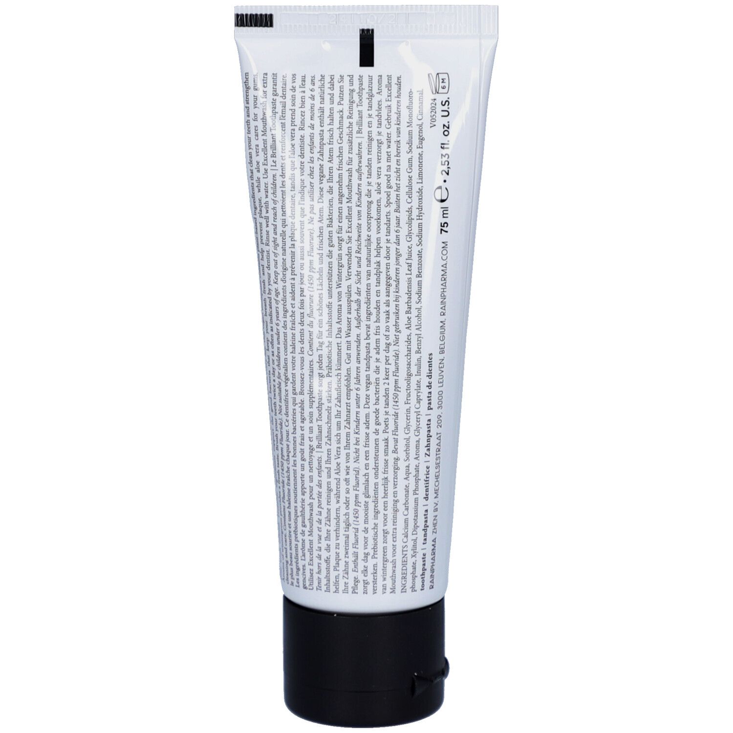 Tandpastatube met zwarte dop. Achterkant met tekst in meerdere talen. Bevat 75 ml.