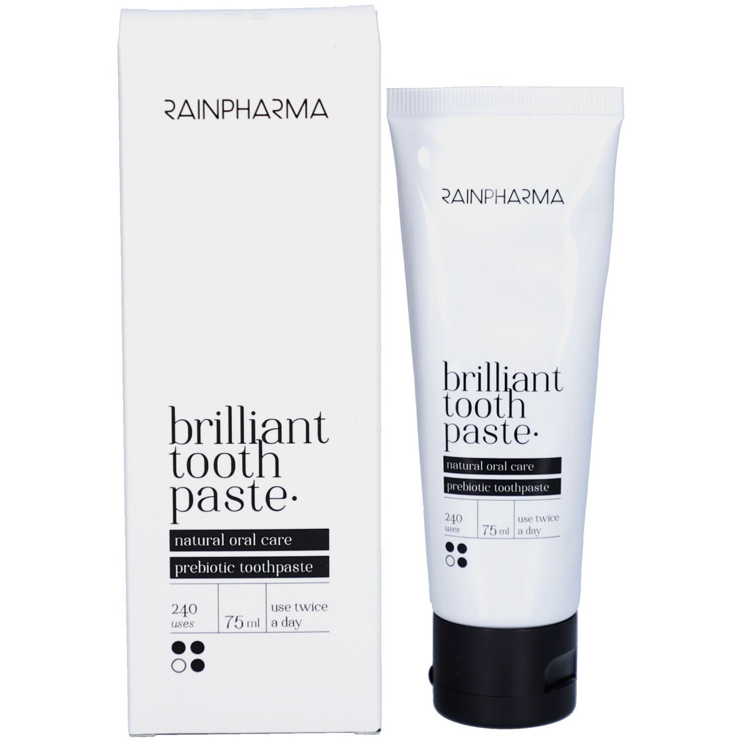 Witte doos en tube. Op de doos staat 'Rainpharma' en 'brilliant tooth paste'.
