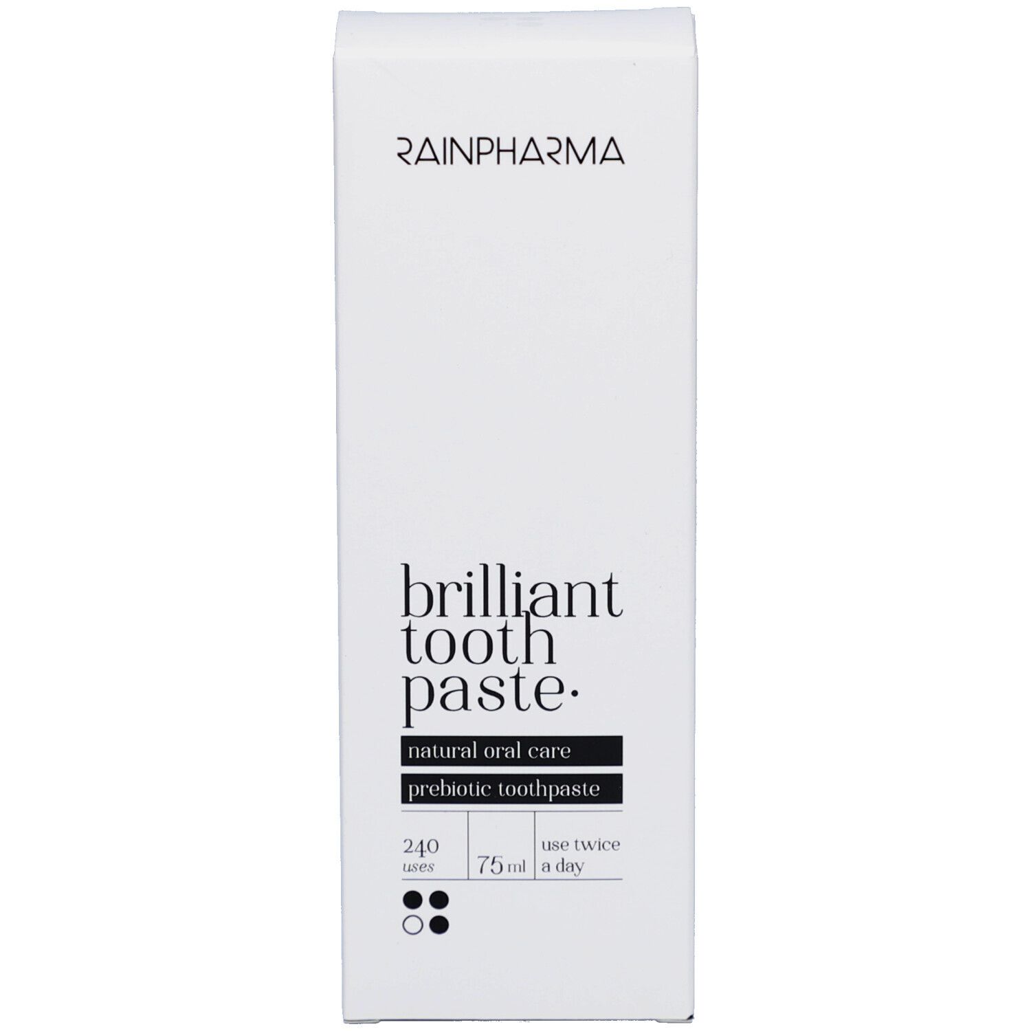 Witte doos met 'Rainpharma' en 'brilliant tooth paste'. Bevat 'natural oral care' en 'prebiotic toothpaste'.