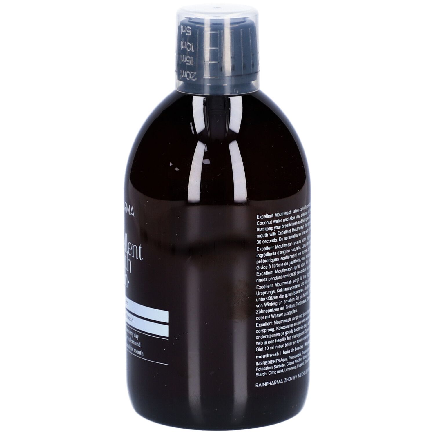 Bruine fles Rainpharma Excellent Mouthwash. Zwarte dop met schaalverdeling. Tekst op etiket.