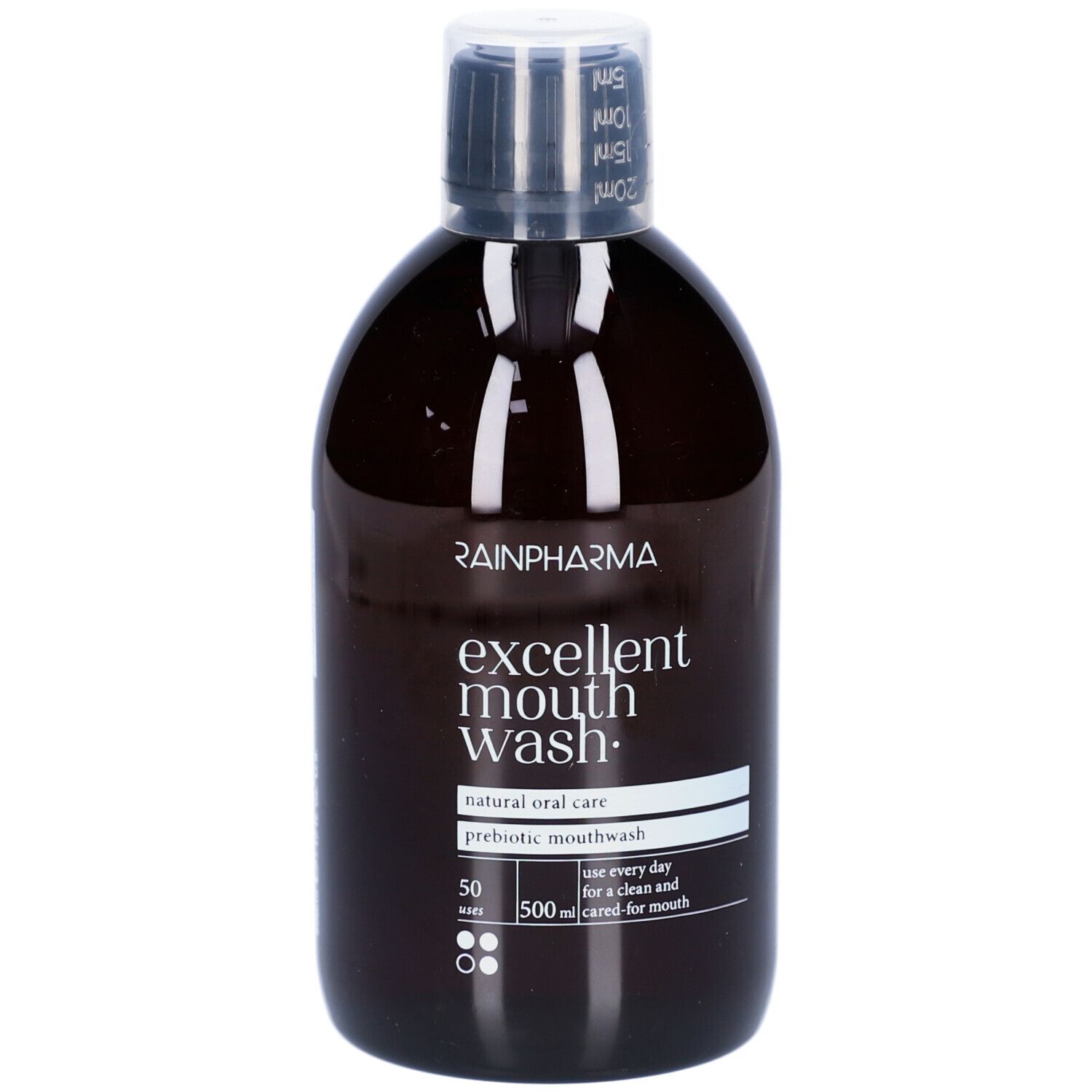 Bruine fles Rainpharma Excellent Mouthwash. Zwarte dop. Opschrift: excellent mouth wash. 50 toepassingen.