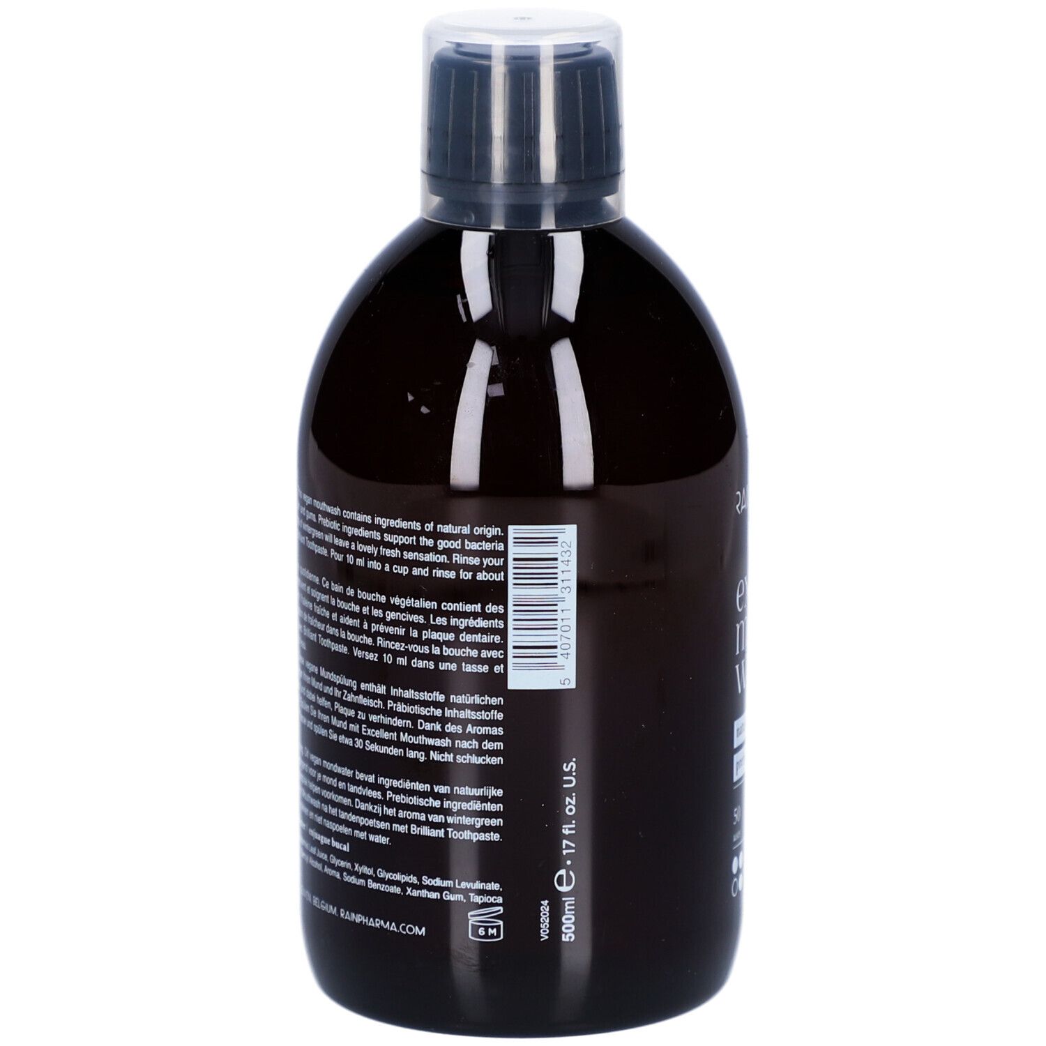 Bruine fles Rainpharma Excellent Mouthwash. Zwarte dop. Tekst op etiket. 500 ml. U.S. 17 fl. oz.