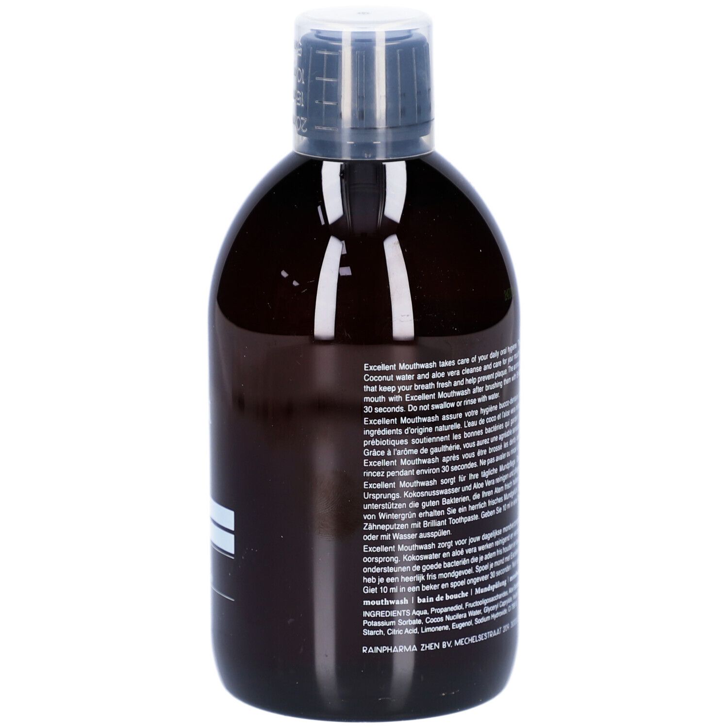 Bruine fles Rainpharma Excellent Mouthwash. Zwarte dop. Tekst op etiket. Ingrediënten.
