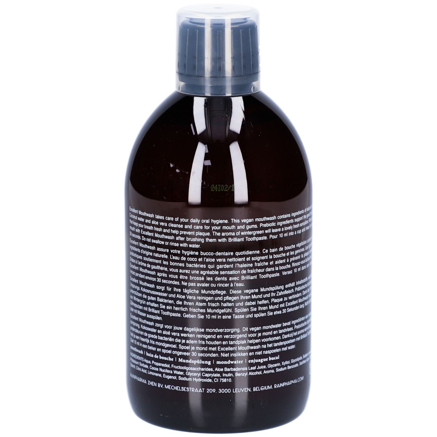 Bruine fles Rainpharma Excellent Mouthwash. Zwarte dop. Tekst op etiket. Ingrediënten en gebruik.