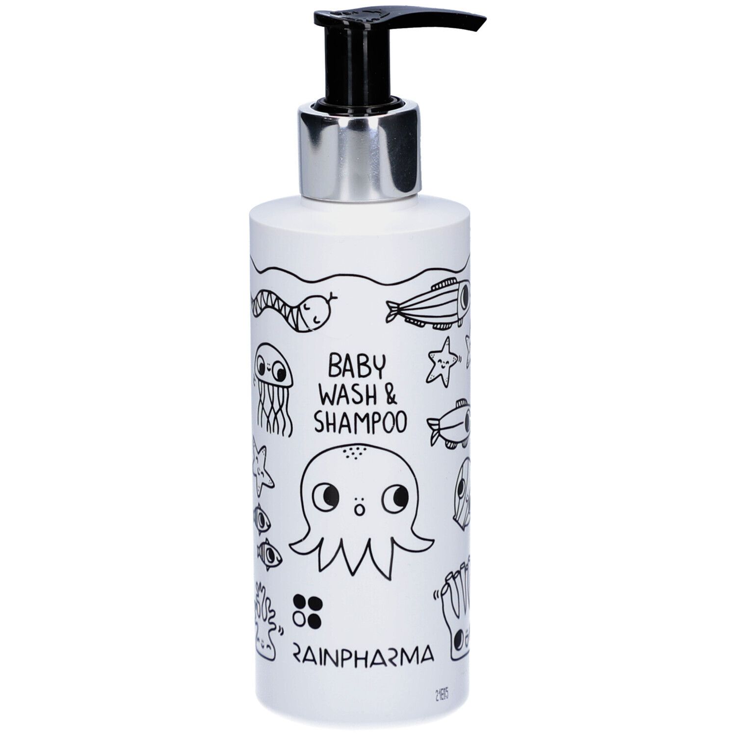 Witte fles met zwarte pomp. Opschrift: Baby Wash & Shampoo, Rainpharma. Illustraties van zeedieren.