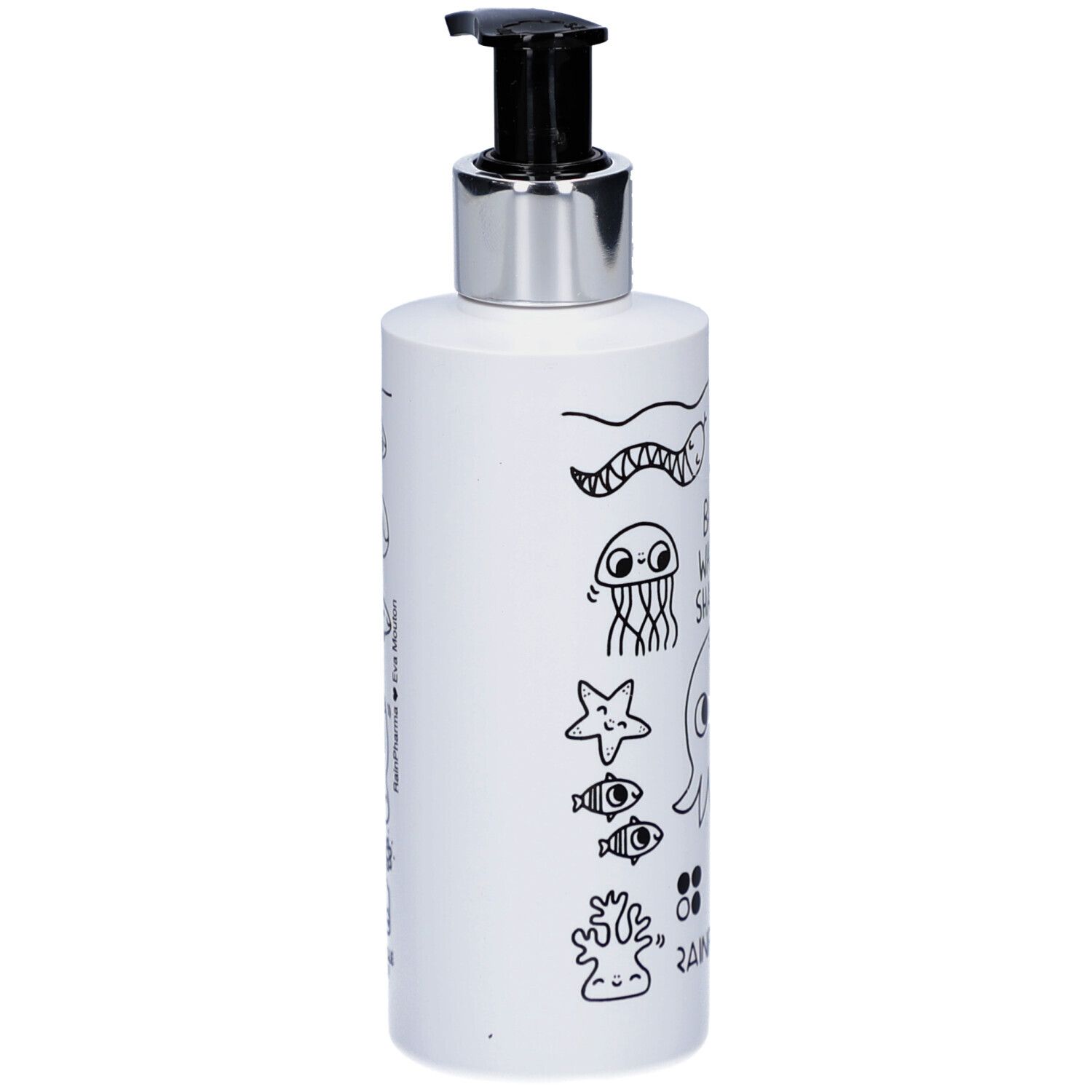 Witte fles met zwarte pomp. Illustraties van zeedieren. Rainpharma-logo.