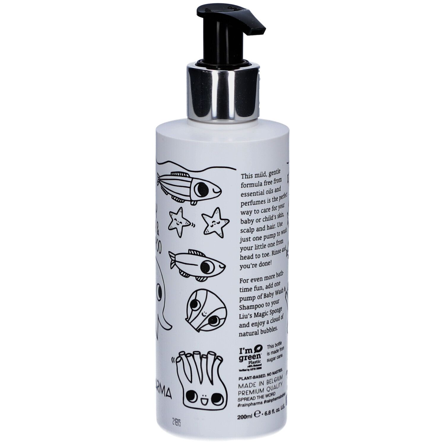Witte fles met zwarte pomp. Tekst en illustraties op de achterkant. Rainpharma-logo.