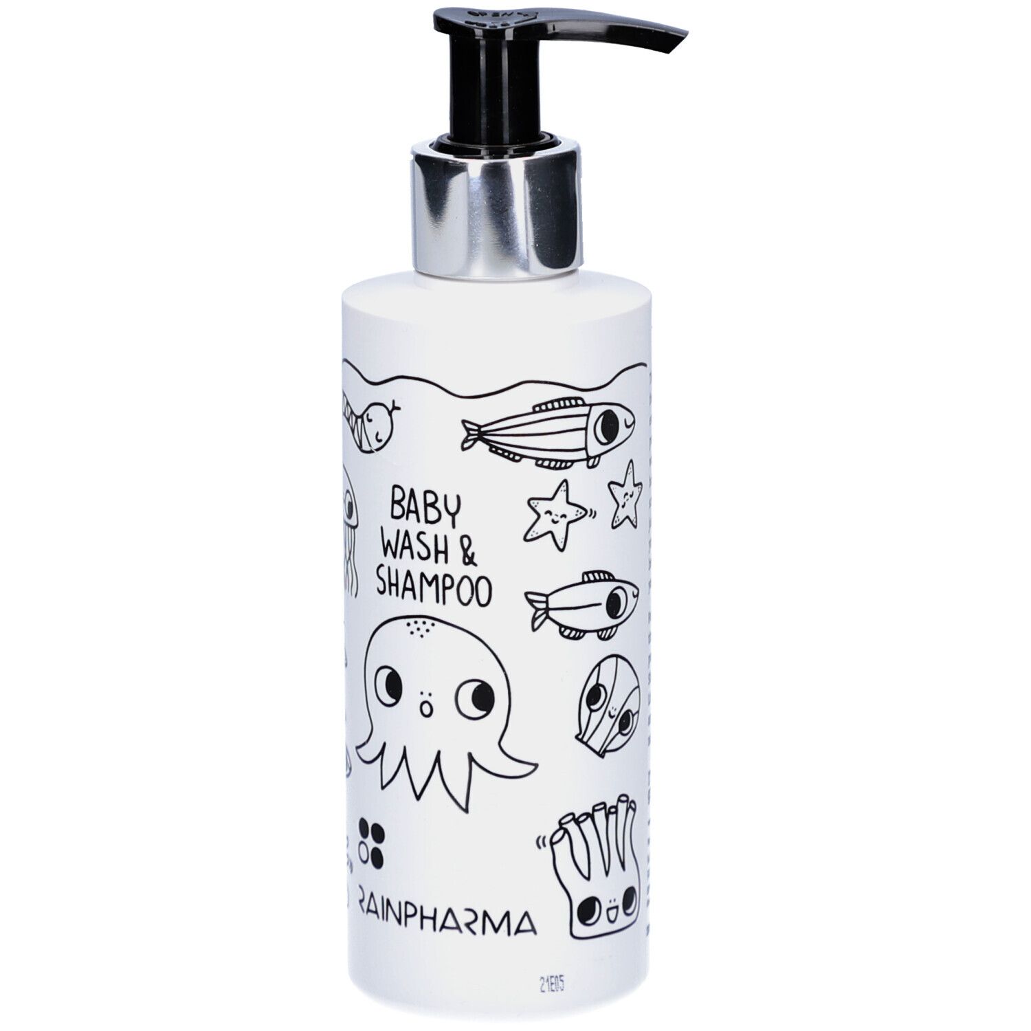 Witte fles met zwarte pomp. Opschrift: Baby Wash & Shampoo, Rainpharma. Illustraties van zeedieren.