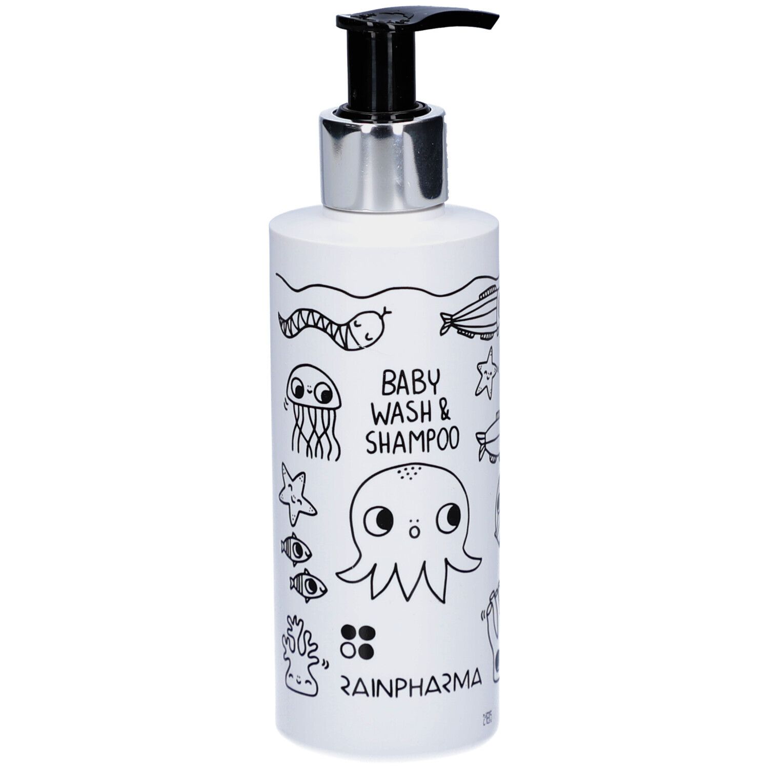 Witte fles met zwarte pomp. Opschrift: Baby Wash & Shampoo, Rainpharma. Illustraties van zeedieren.