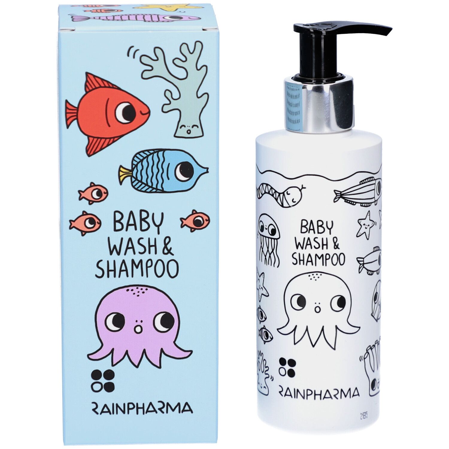 Product en verpakking. Witte fles met zwarte pomp en doos. Opschrift: Baby Wash & Shampoo, Rainpharma.
