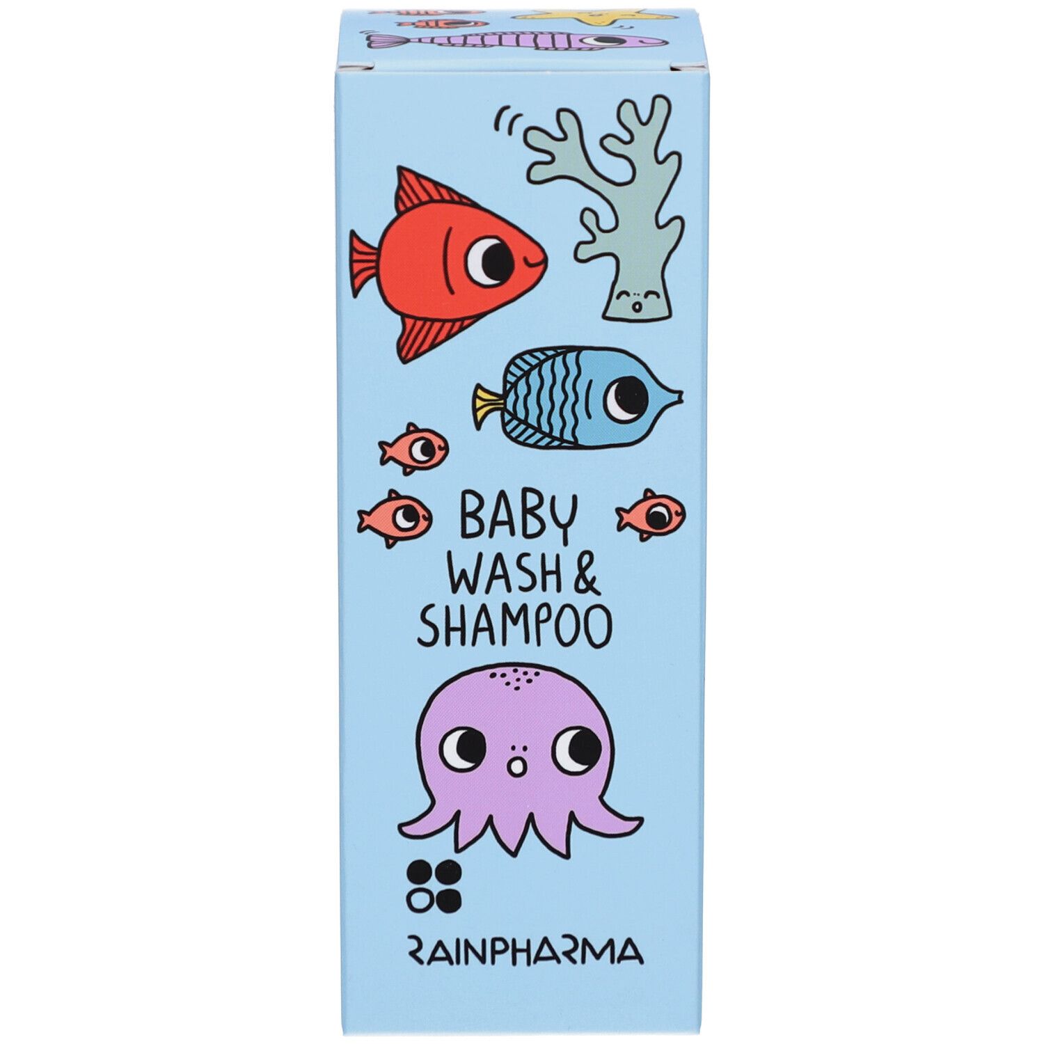 Lichtblauwe kartonnen verpakking. Opschrift: Baby Wash & Shampoo, Rainpharma. Illustraties van zeedieren.